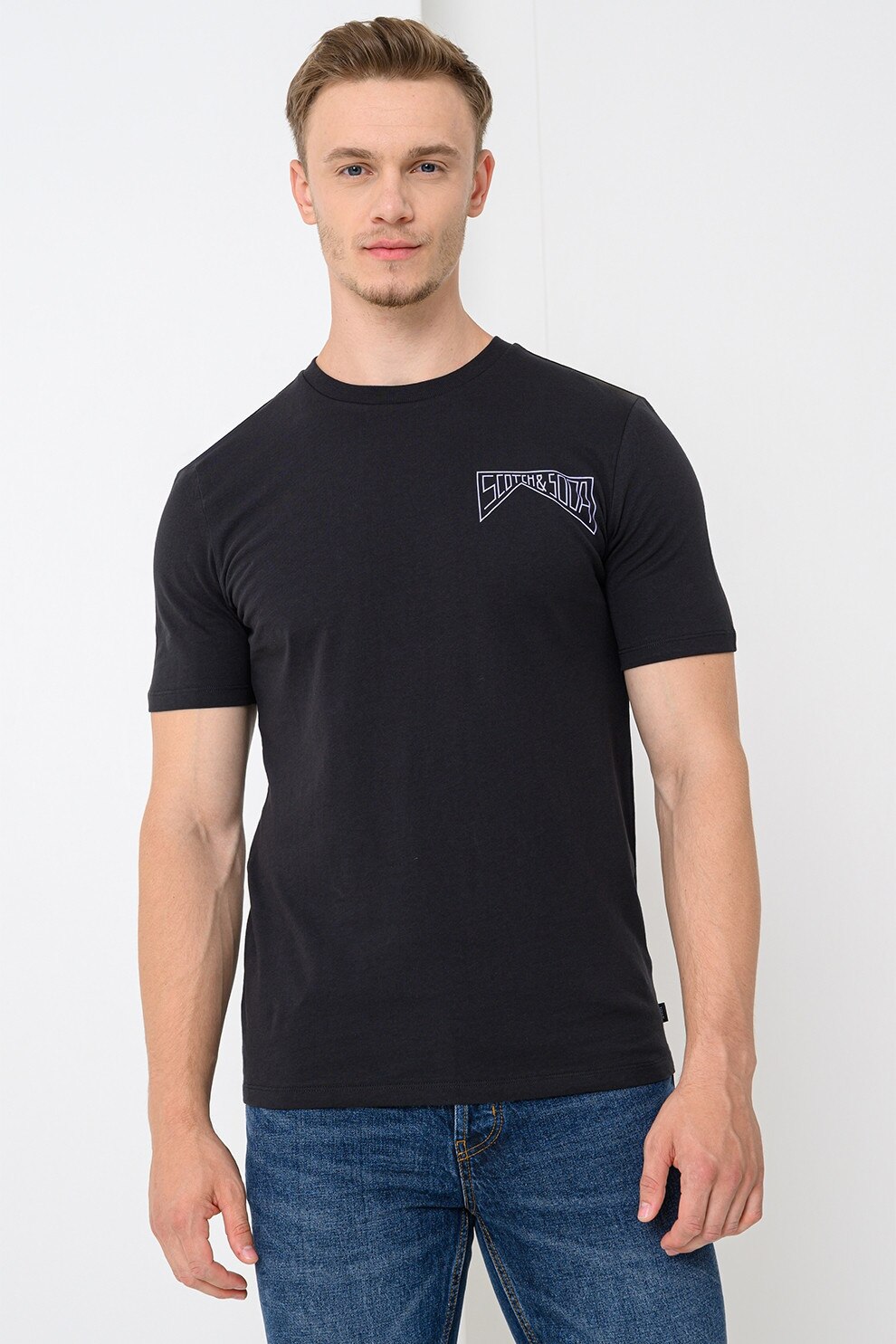 Scotch & Soda, Tricou de bumbac organic cu logo pe piept, Negru, Alb murdar, M
