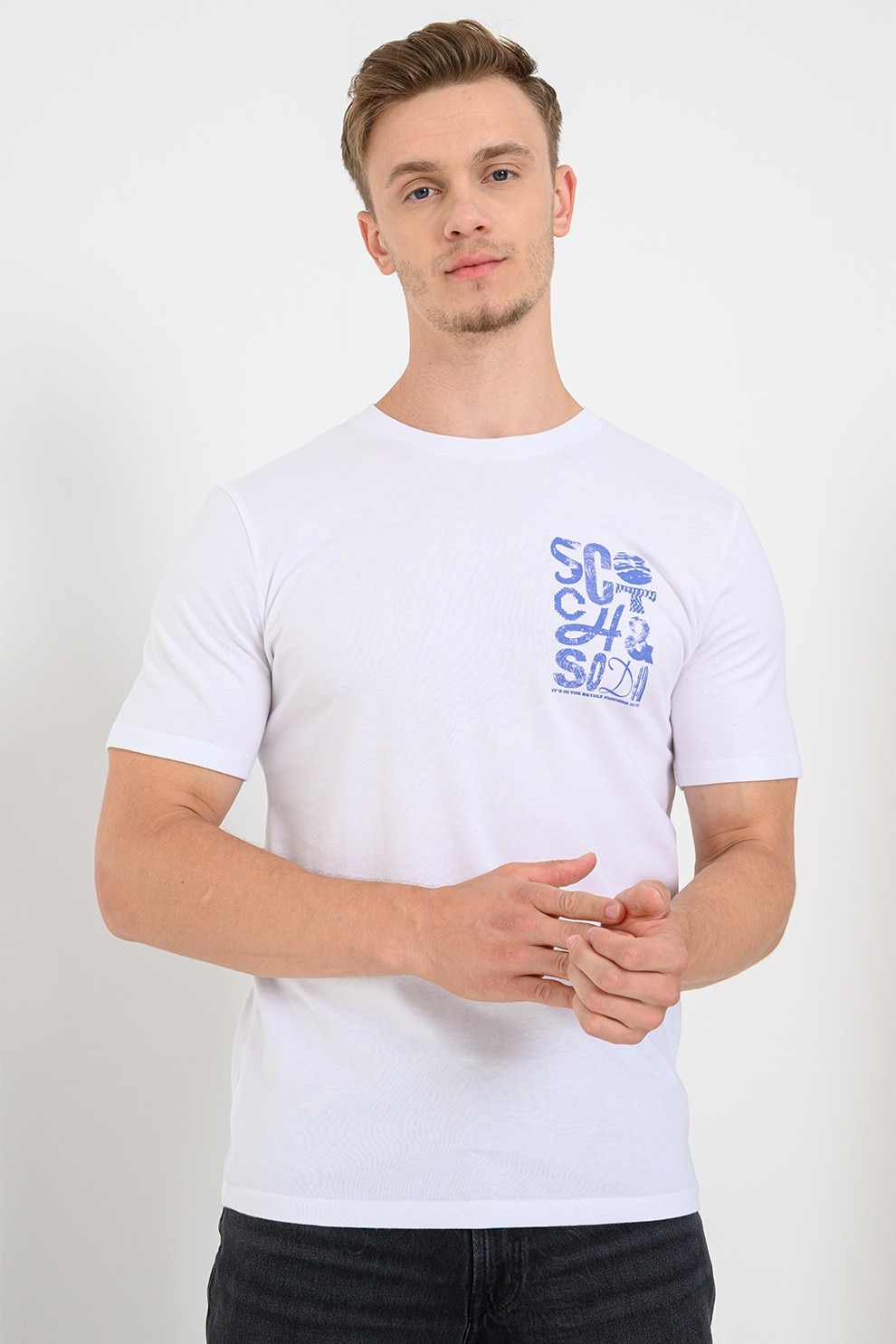 Scotch & Soda, Tricou de bumbac organic cu logo pe piept, Alb, Albastru pastel, M