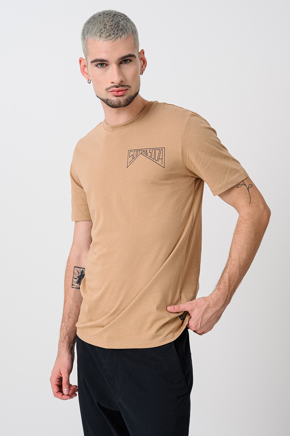 Scotch & Soda, Tricou de bumbac organic cu logo pe piept, Caramel, M