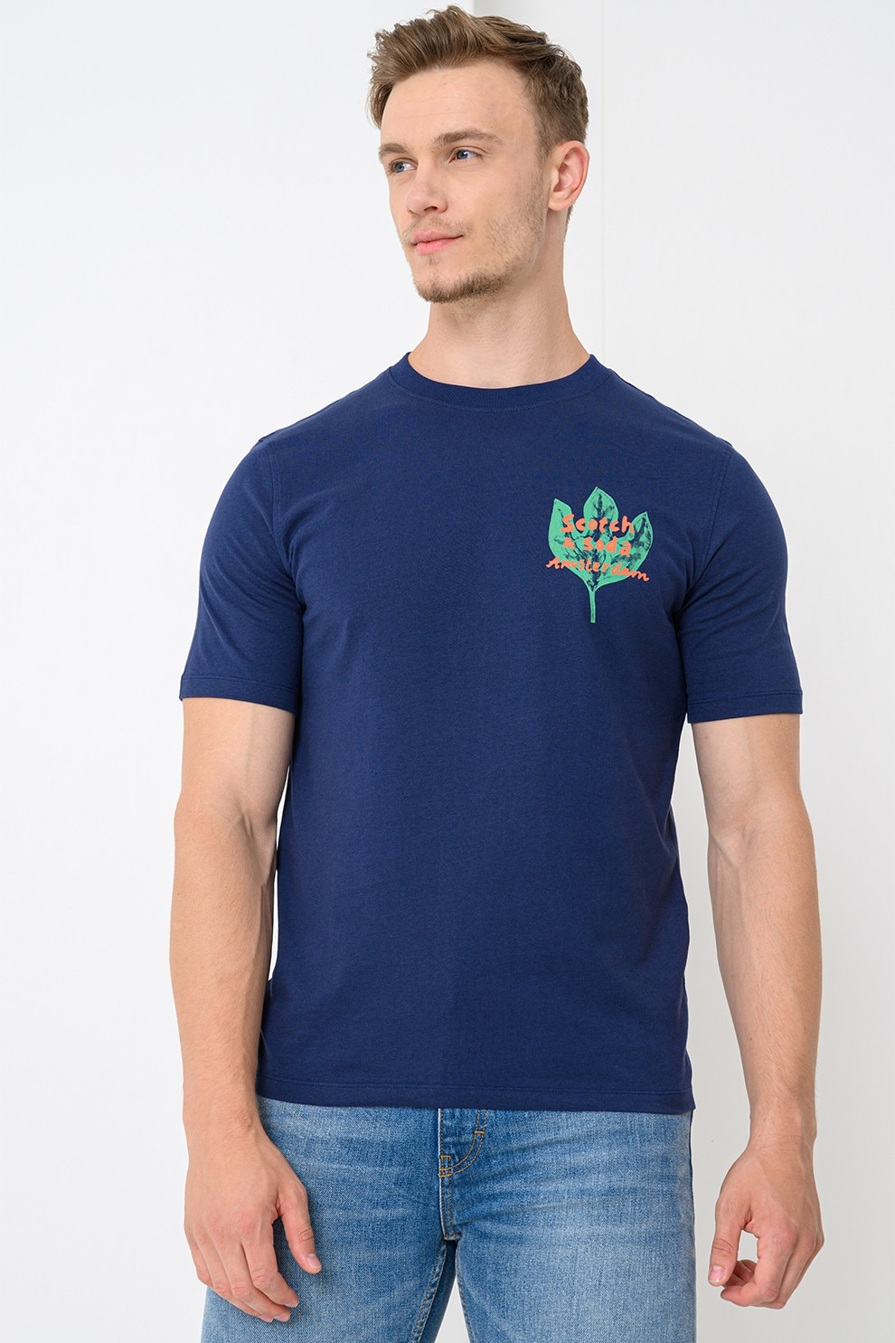 Scotch & Soda, Tricou de bumbac cu imprimeu pe spate, Verde, Caramiziu, Bleumarin, M