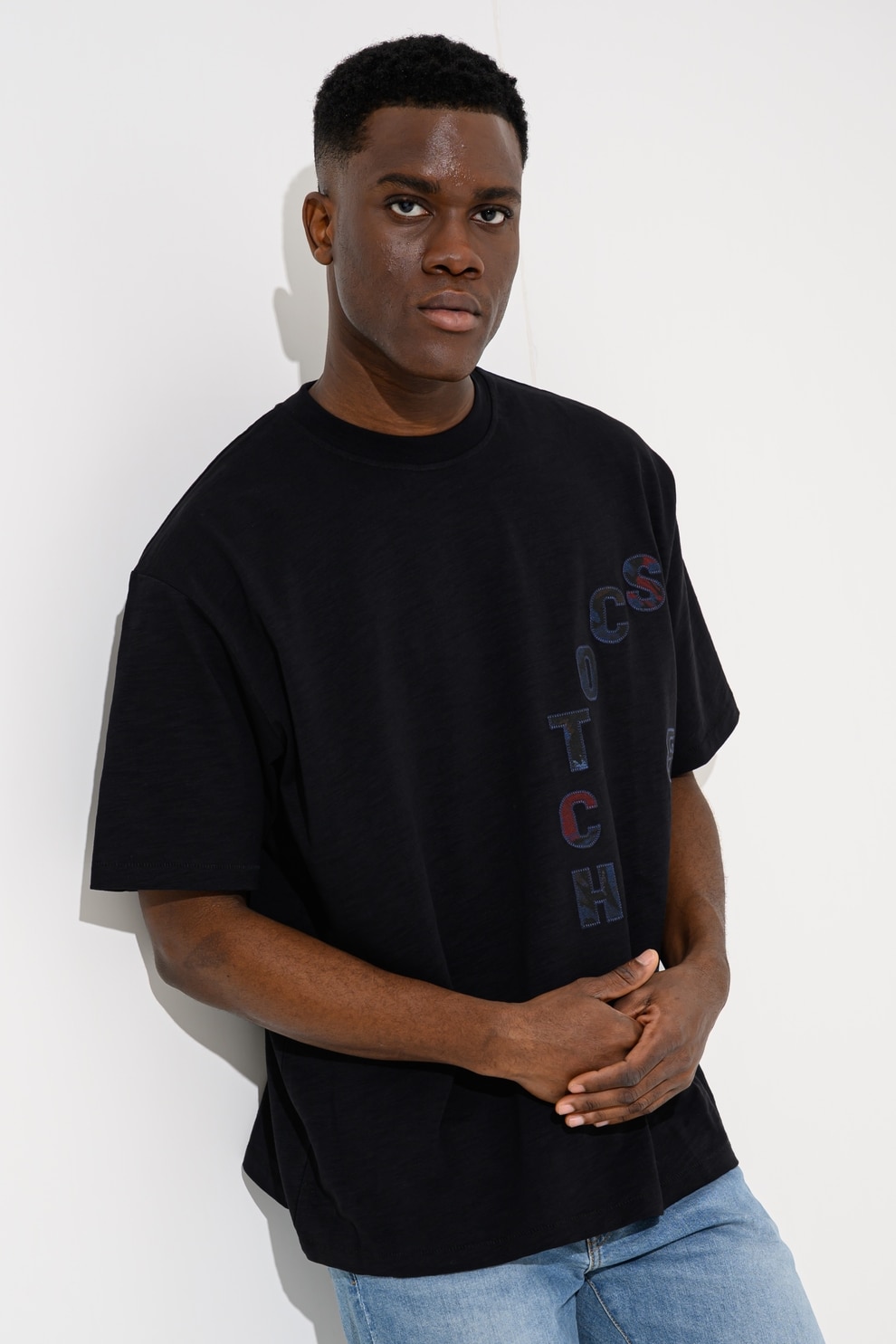 Scotch & Soda, Tricou supradimensionat cu logo, Rosu inchis, Gri antracit, Bleumarin, L