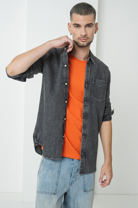 Scotch & Soda, Camasa din denim cu buzunar pe piept, Negru melange