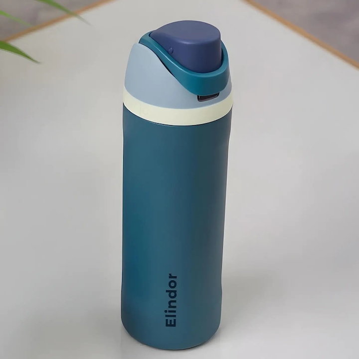 Elindor® rozsdamentes acél duplafalú termosz bögre, duplafalú szigetelés, nyomógombos fedélnyitás, 710 ml űrtartalom, szivárgásmentes, BPA-mentes, ideális vízhez, teához, kávéhoz vagy smoothie-hoz, zöldeskék