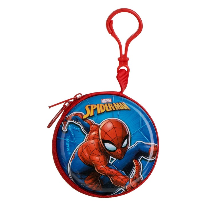 Portofel Metalic Rotund Albastru Rosu Spiderman cu Breloc pentru Copii Ø7.5x3cm