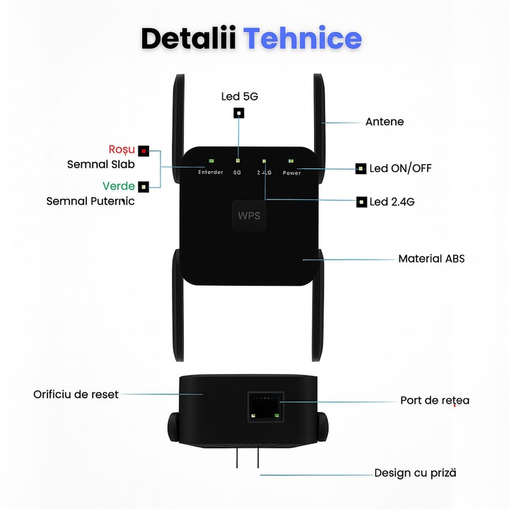 Range Extender WiFi Hasepe® 1200 Mbps Cu 4 Antene Puternice, Range Extender WiFi Cu Port Ethernet Si Semnal Stabil Dual Band, Range Extender WiFi Compatibil Universal Pentru Casa Sau Birou, Amplificator Wireless Repeater Cu Instalare Rapida Si Acoperire