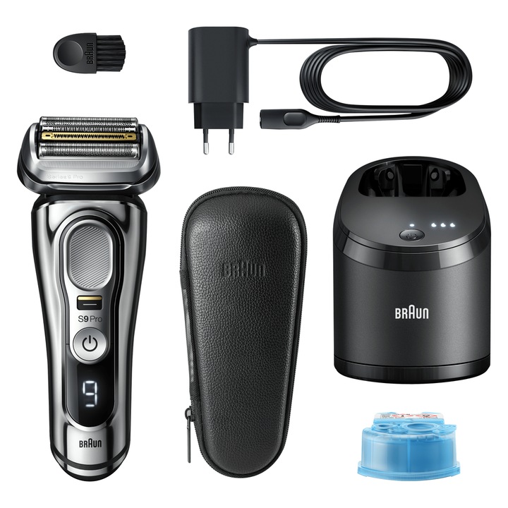Braun Series 9 Pro 9466CC Електрическа самобръсначка, мокро и сухо бръснене, 60 минути работа, 5 ножчета, калъф за пътуване, стойка за зареждане, хром/черна