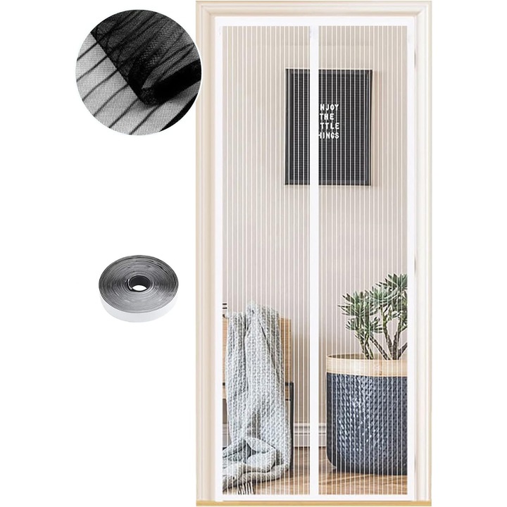 Plasa magnetica anti insecte pentru usa, WENT, 120 x 220 cm, dungi albe, instalare simpla, inchidere automata