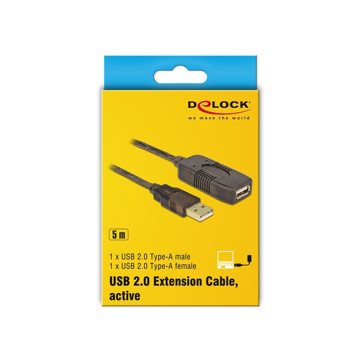 Удължителен кабел Delock 82308, Активен, USB 2.0 тип A, М-Ж, 5 м