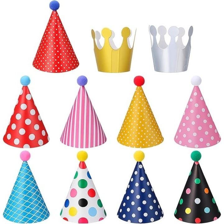 Set de palarii de ziua de nastere pentru petrecerea copiilor, Kengege®, 11 piese, asortate, cu pompoane