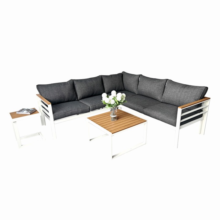 Set mobilier gradina MESTERINO KLUGMEISTER KJFA003, 5 locuri, structura aluminiu, perne detasabile, gri, 5 piese