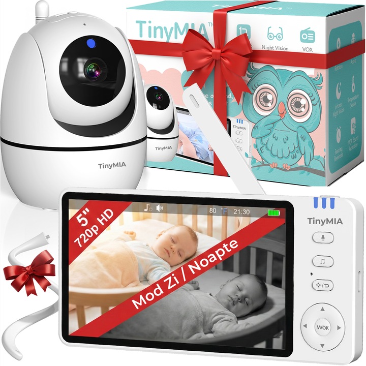 Baby Monitor Video pentru Bebelusi TinyMIA cu Camera & Audio, Ecran 5″ HD 720p, Monitor baby Fara Wi-Fi, Monitor cu Baterie 3500 mAh, Baby Monitor cu Viziune Nocturna, Camera bebe cu Comunicare Bidirectionala, Mod VOX, Senzor Temperatura, Baby Lullabies