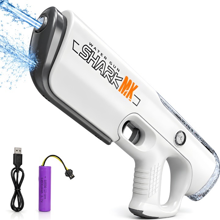 Pistol cu Apa Electric KidProtect® SplashForce, Umplere Automata in 15 Secunde, Distanta Tragere Pusca 10m, Acumulator, Peste 250 de Focuri, Alb