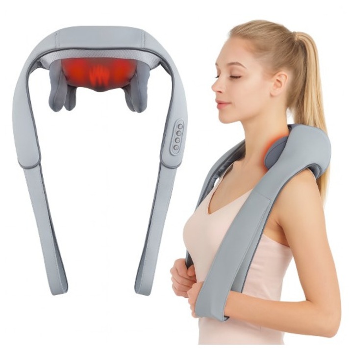 Aparat Masaj Cervical Electric cu Tehnologie Shiatsu 5D, Hands-Free, cu Role de Masaj si Functie de Incalzire, Intensitate Reglabila pentru Relaxarea Musculara, Ameliorarea Durerilor de Gat, Umeri si Spate, Reduce Stresul si Oboseala, Portabil