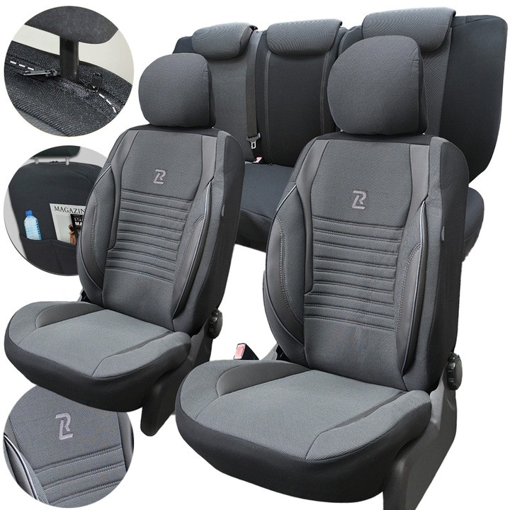 Комплект калъфи за седалки Scaune Auto Universale Azilo Premium 11 части, кожа, ортопедични, дебели, сиво-черни