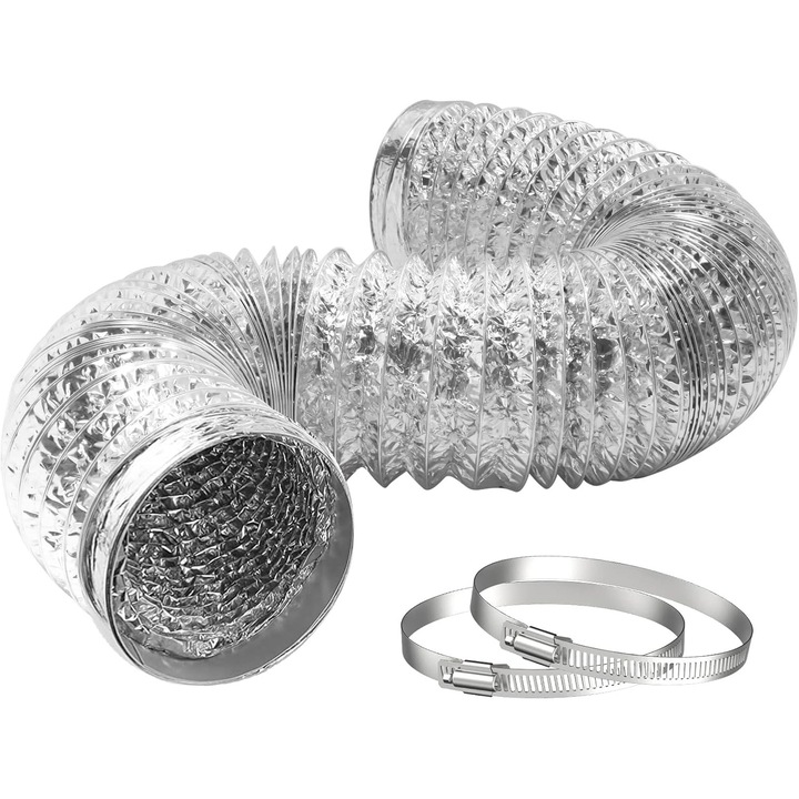 Tubulatura Conducta de ventilatie, 3m, diametru 150mm, Folie flexibila de aluminiu, cu 2 bride, Pentru incalzire, Racire, Ventilatie si evacuare, Argintiu