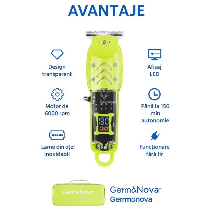 Aparat de Tuns Profesional GermaNova™, cu Lame din inox, Baterie Li-Ion, Afisaj LED, Accesorii Incluse, Verde