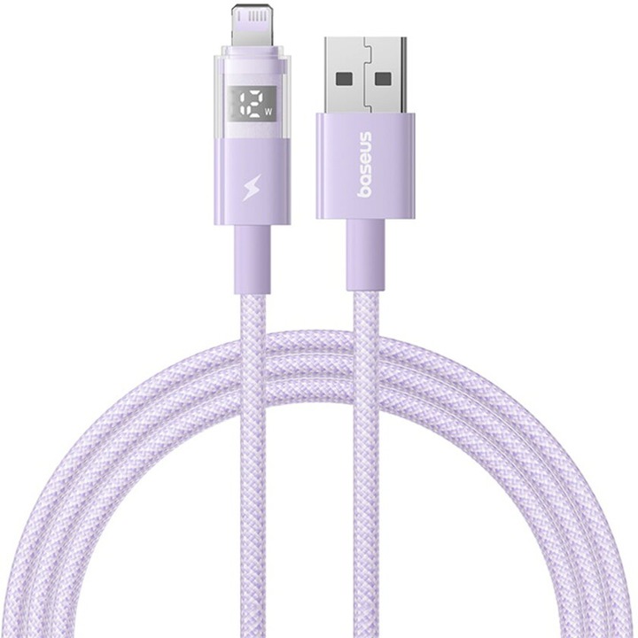 Cablu de Date cu Afisaj Digital, USB la Lightning, 2.4A, 2m - Nebula Purple