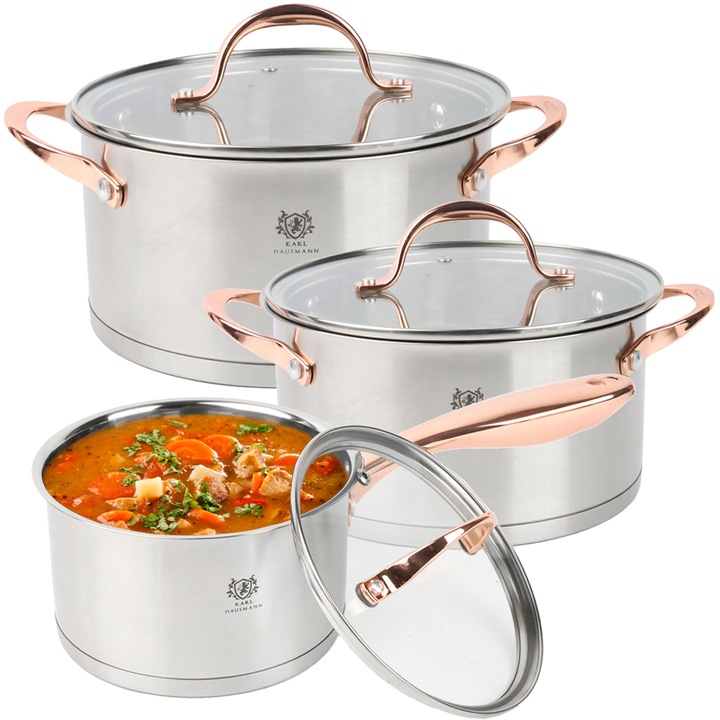 Set oale inox 6 piese MASTERS Karl Hausmann – pentru inductie, gaz, ceramica, 18/0, cu capace din sticla, argintiu-auriu