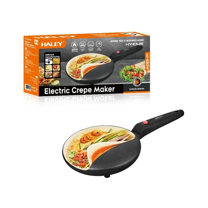 HALEY Elektromos Palacsintasütő, 650 W, Olajmentes Főzés, Nagy Felület, Intuitív Gomb, Hőálló Nyél
