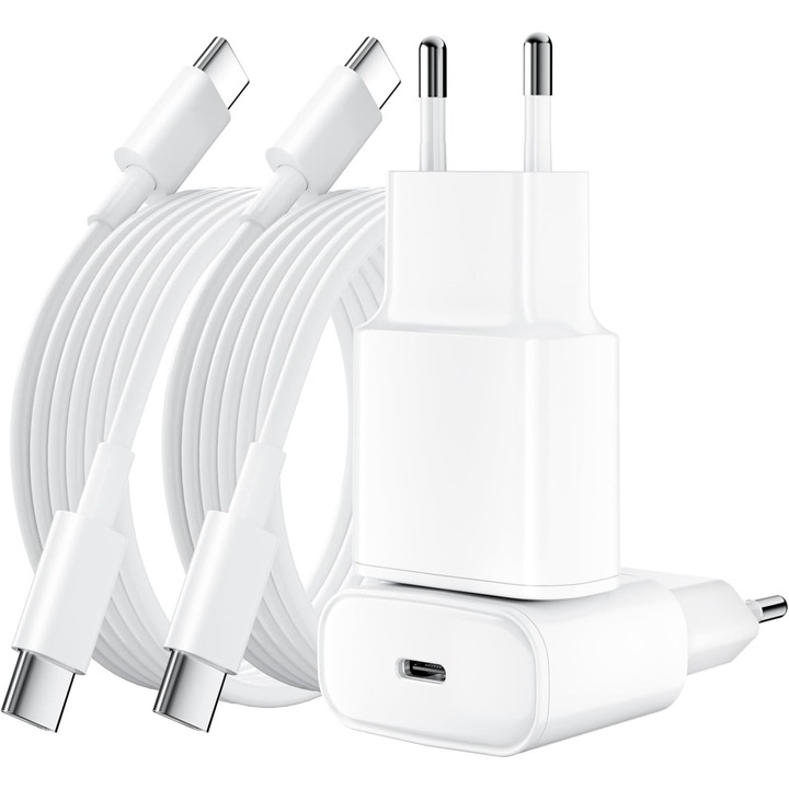 Incarcator rapid 20W set 2 bucati, USB C, pentru iPhone 15/16, iPad Pro/Air, cablu 2m, alb