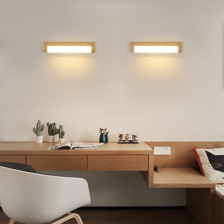 LED дървена стенна лампа, Mckalen, 18W, топла светлина 3000K, 35x6.5x7.5 см, акрил, минималистичен дизайн, цвят дърво, за огледало в банята, спалня, коридор