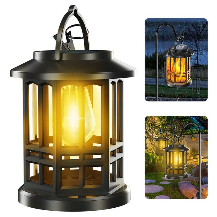 Set 2 Lampi solare Zree, Lumini solare pentru agatat in exterior, felinare solare cu aspect clasic, cu LED-uri mari, design alb cald, impermeabile IP65, pentru decorarea gradinii si curtii, neagra