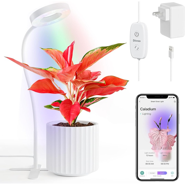 Lampa smart Diivoo pentru plante de interior, LED cu Bluetooth, timer automat, intensitate reglabila, inaltime ajustabila, culoare alb
