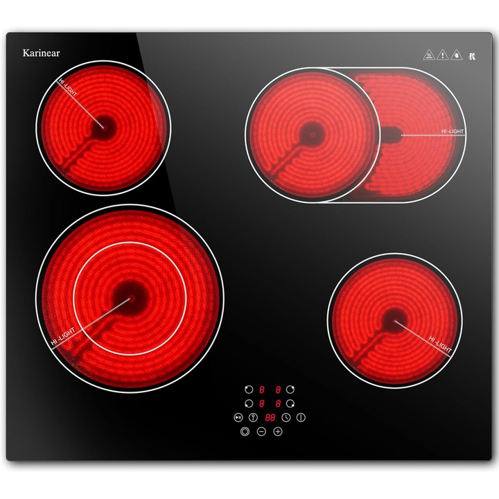 Вграден плот Karinear, стъклокерамичен, с 4 вградени зони (една овална), електрически, 60 см, с тъч управление, таймер, заключване за деца, функция пауза, 6600W, 220V-240V, без щепсел.