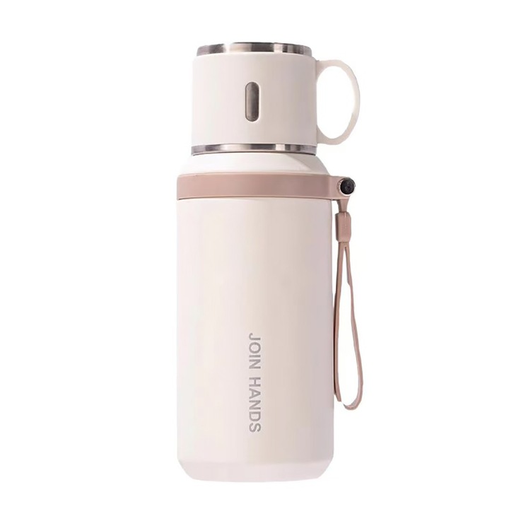 Cana de calatorie, termos din otel inoxidabil, cu capac, sticla de apa etansa si izolanta, 600 ml, culoare alba