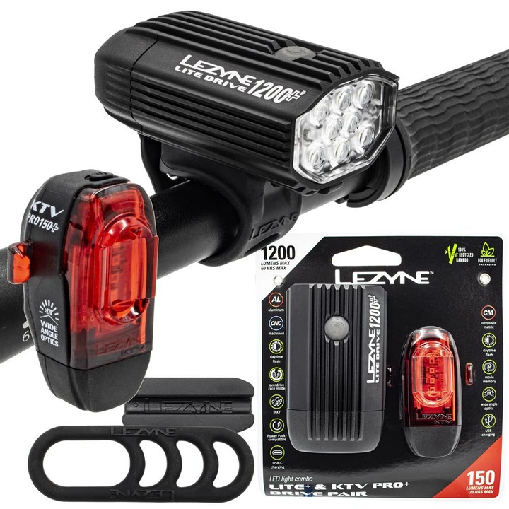 Set lumini Lezyne Lite Drive 1200+ si KTV Drive Pro+, 1200 lm / 150 lm