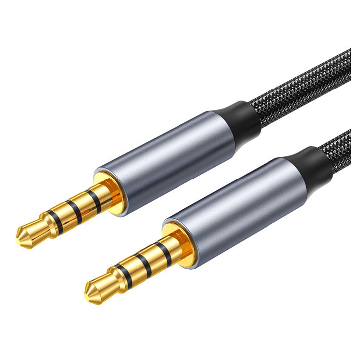 Cablu audio prelungitor AUX TRRS 4 pini, 3.5 mm tata la 3.5 mm tata, 5 m, Intarire si ingrosare, Gri, calitate deosebita, contacte aurite, aliaj