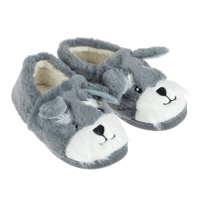 Дамски зимни чехли, Игриво кученце, Сиви, Сив, One Size