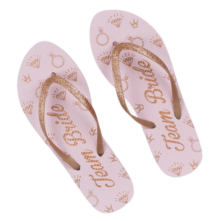 Slapi pentru femei Shopiens®, roz cu curele cu glitter bronz si imprimeu bronz pe talpa cu pietre, inel de logodna si mesaj "Bride", marimea 40