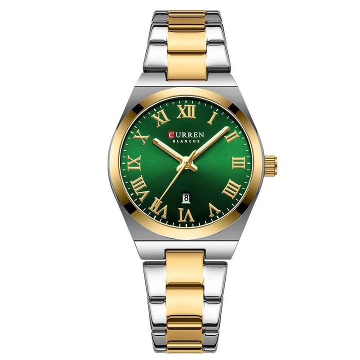 Ceas Dama CURREN 9095L Elegant, Quartz, Cadran Verde, Carcasa Aurie, Bratara Argintiu-Auriu, Calendar, Rezistent la Apa 3 ATM