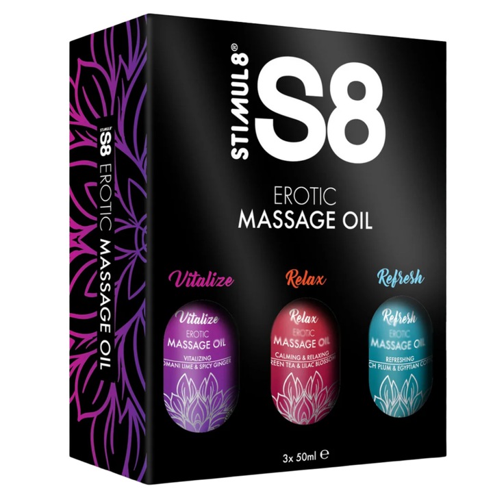 Set Uleiuri de Masaj Erotic S8 – Vitalize, Relax & Refresh (3 x 50 ml), Atingeri senzuale pentru cupluri rafinate
