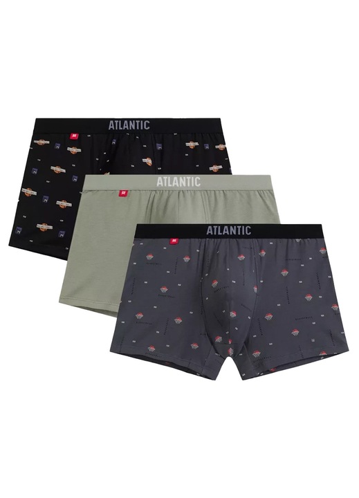 Atlantic Boxeri barbati 3 buc, Fit mulat, Bumbac & elastan, Negru, verde, gri, Imprimeu baschet, Confort sportiv, Talie cu logo