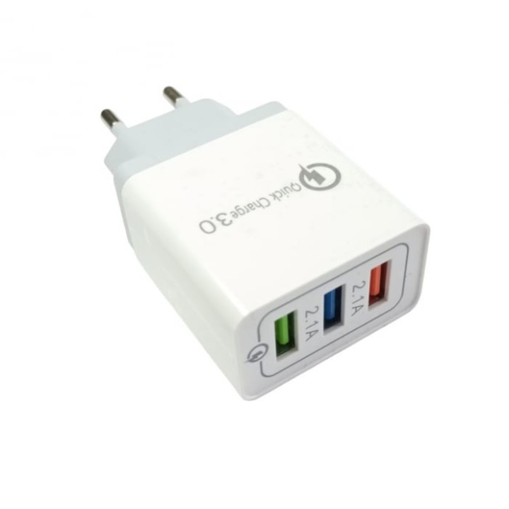 Fali töltő, több USB, 3 port 2.1A, gyorstöltés, Quick Charge 3.0, fehér