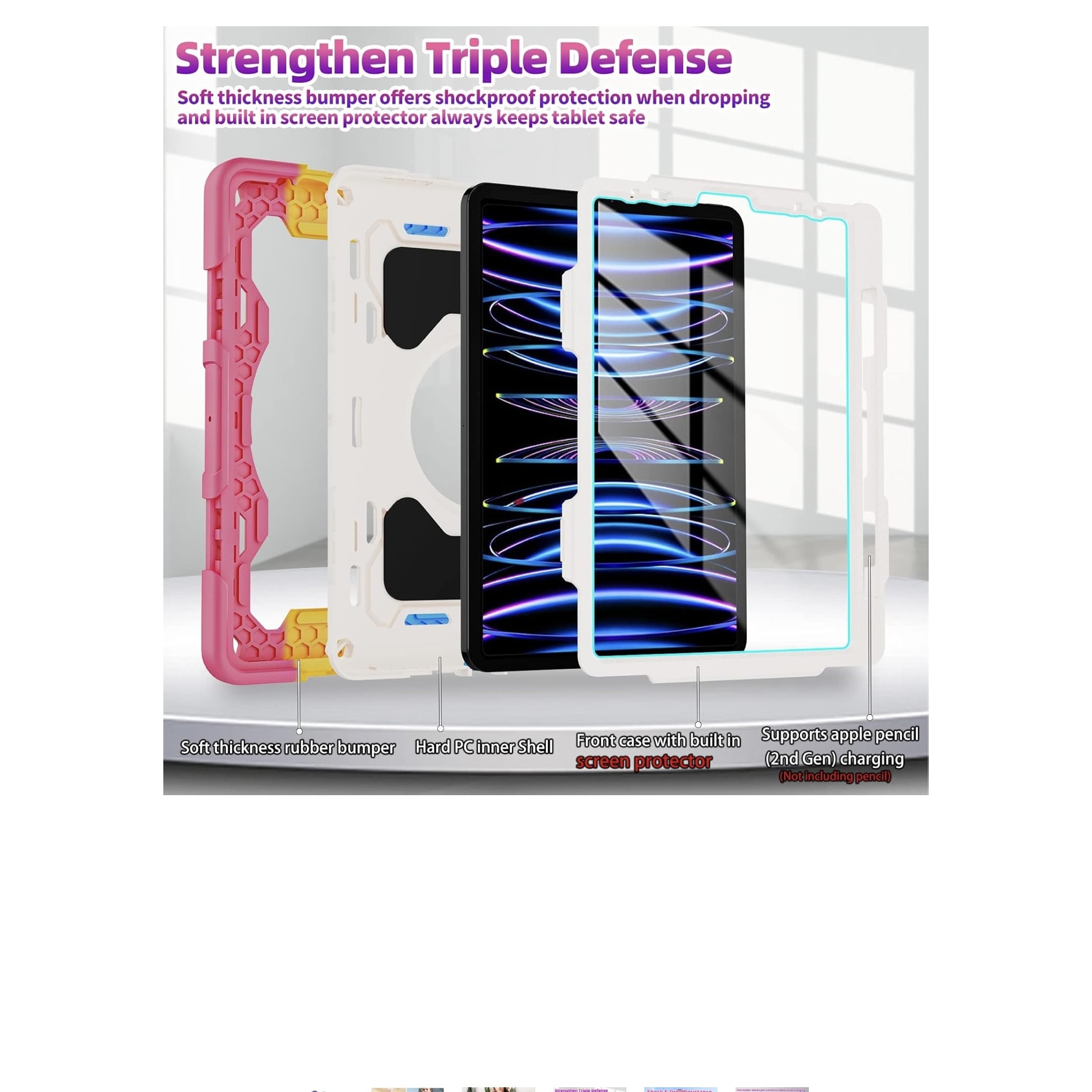 Husa de protectie pentru iPad Pro 12.9 inch (2022/2021/2020/2018) – Antishock, Suport 360°, Curea de umar, Multicolor