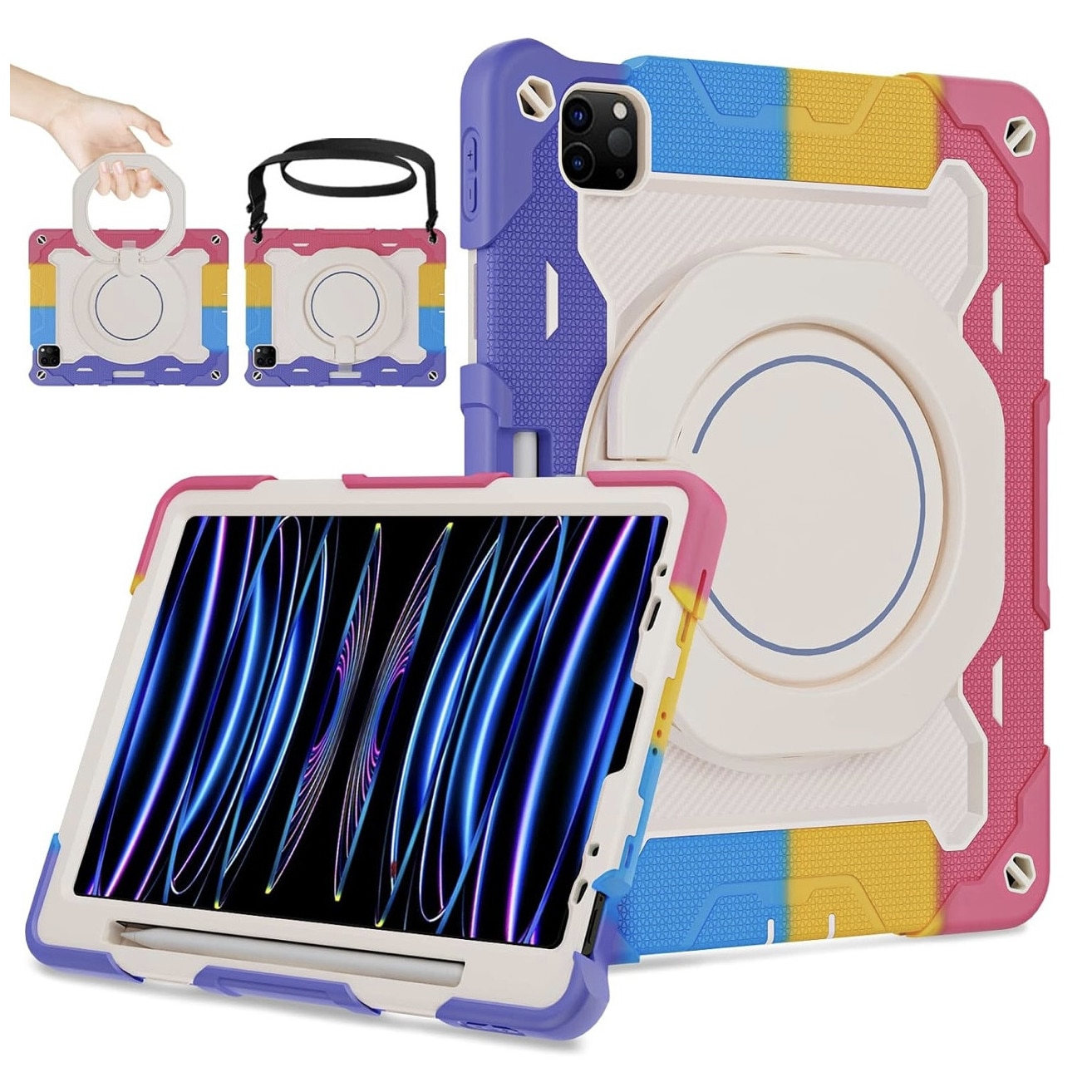 Husa de protectie pentru iPad Pro 12.9 inch (2022/2021/2020/2018) – Antishock, Suport 360°, Curea de umar, Multicolor