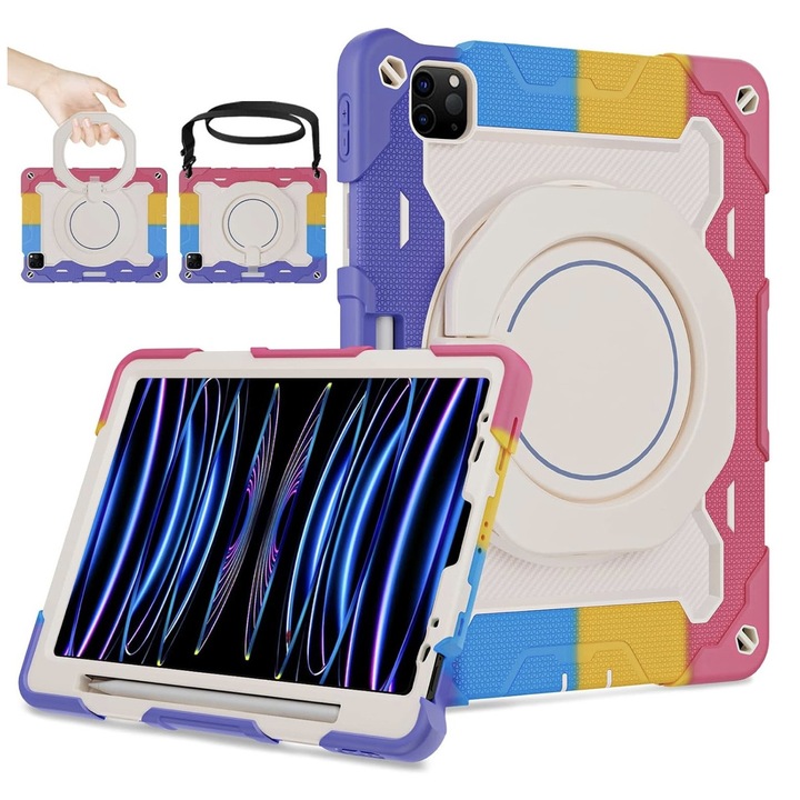 Husa de protectie pentru iPad Pro 12.9 inch (2022/2021/2020/2018) – Antishock, Suport 360°, Curea de umar, Multicolor