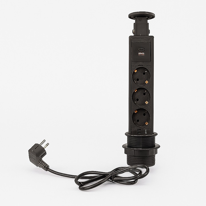 Priza Incorporabila Retractabila, Adsinio, Diametru 60mm, 3 Prize Schuko, 2 Porturi USB, 220-240V, 12A, Negru