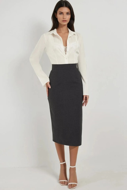 Fusta midi, HiCCUP, talie inalta, croiala dreapta, gri, textil