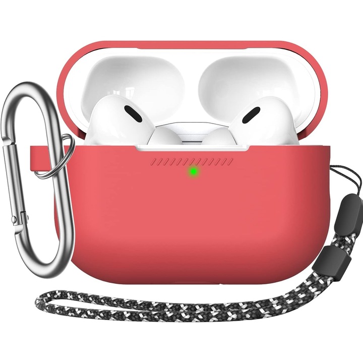 Силиконов калъф, AHASTYLE, за AirPods Pro 2, с карабинер и ръчна лента, червен цвят