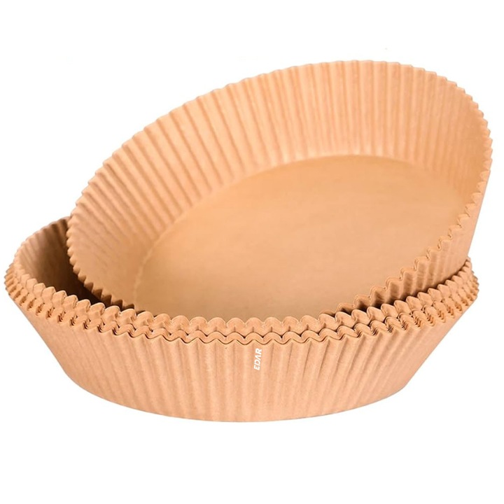 Hartie EDAR De Copt Pentru Fripteuza Cu Aer Cald, Tavi AirFryer De Unica Folosinta, Material Non Toxic, Din Hartie, Rezistente La Temperaturi Ridicate, 16 x 4.5 cm, Set 25 Buc, Forma Rotunda, Culoare Maro