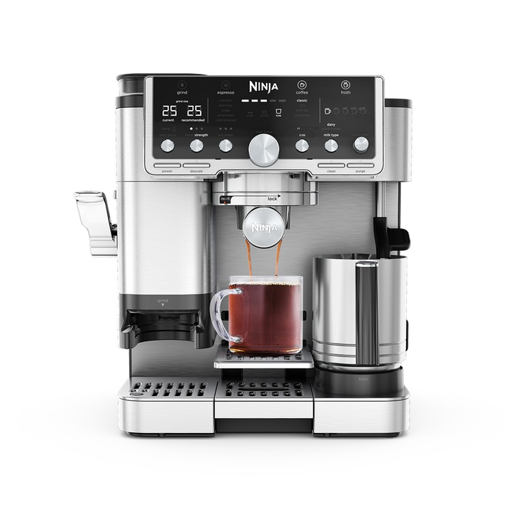 Полуавтоматична еспресо машина 3in1 Ninja Luxe Cafe Pro ES701, 1650W, Cold Brew, Barista Assist, Вградена мелачка с 25 степени на смилане, Автоматична система за разпенване на мляко Dual Froth Pro XL, Неръждаема стомана