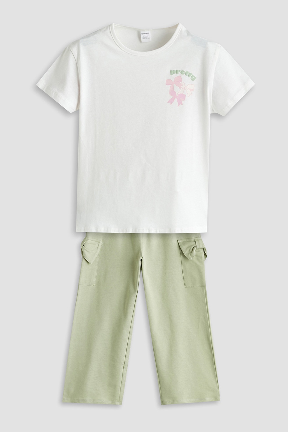 LC WAIKIKI, Set de tricou si pantaloni din bumbac - 2 piese, Alb, Roz, Verde spranghel, 98-104 CM
