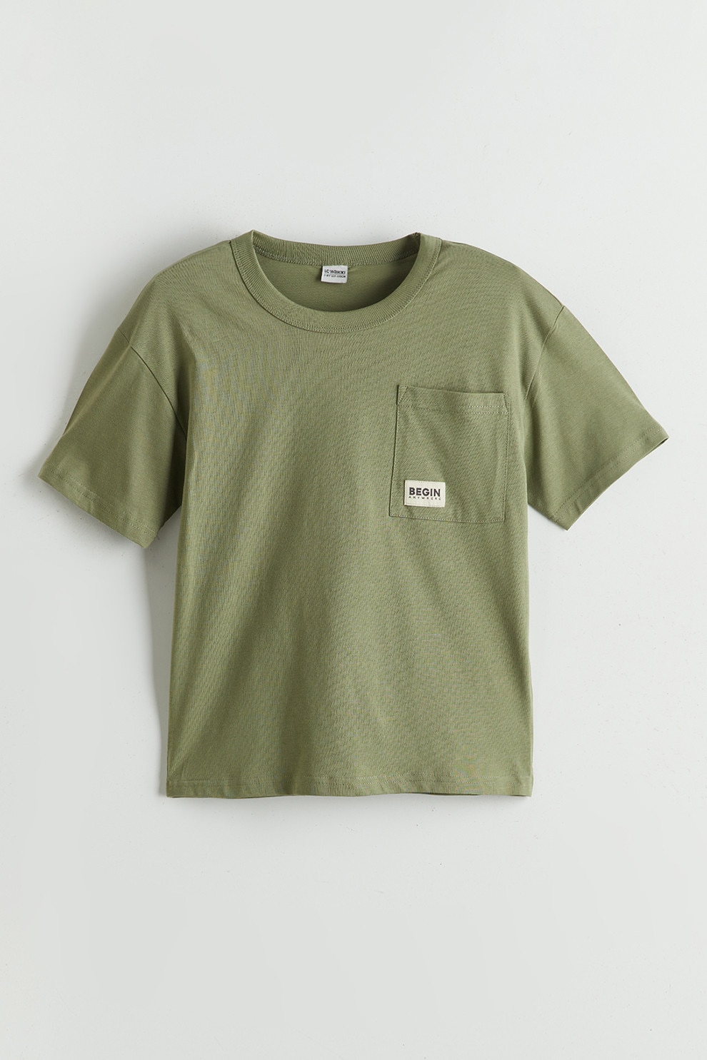 LC WAIKIKI, Tricou cu decolteu la baza gatului si buzunar pe piept, Verde spranghel, 140-146 CM
