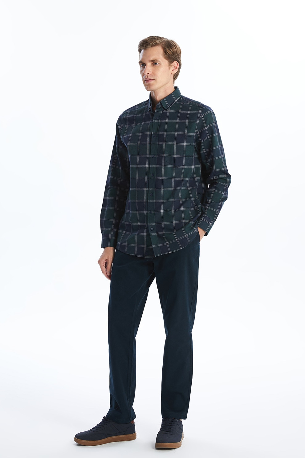 LC WAIKIKI, Camasa in carouri cu guler fixat cu nasturi, Verde inchis, XL