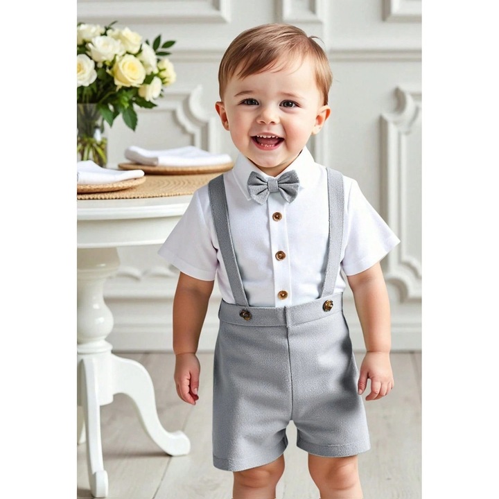 Тениска с къс ръкав с папийонка и шорти с тиранти, Сив