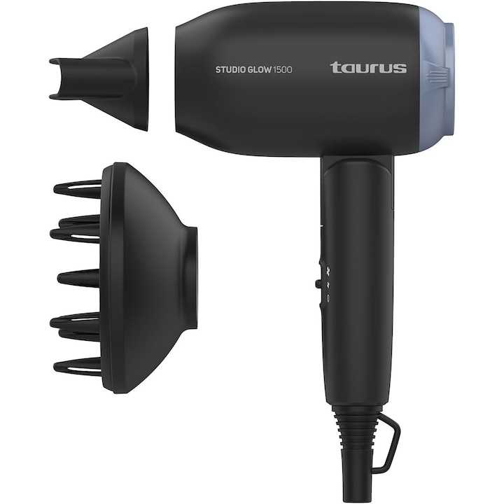 Taurus Dryer Studio Glow hajszárító, 1400 W, 2 sebességfokozat, 2 hőmérséklet, utazáshoz, összecsukható, fekete